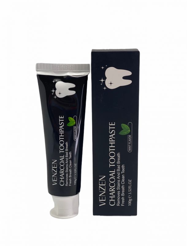 Чёрная зубная паста VENZEN  на основе черного угля и мяты Venzen Charcoal Toothpaste, 100г.